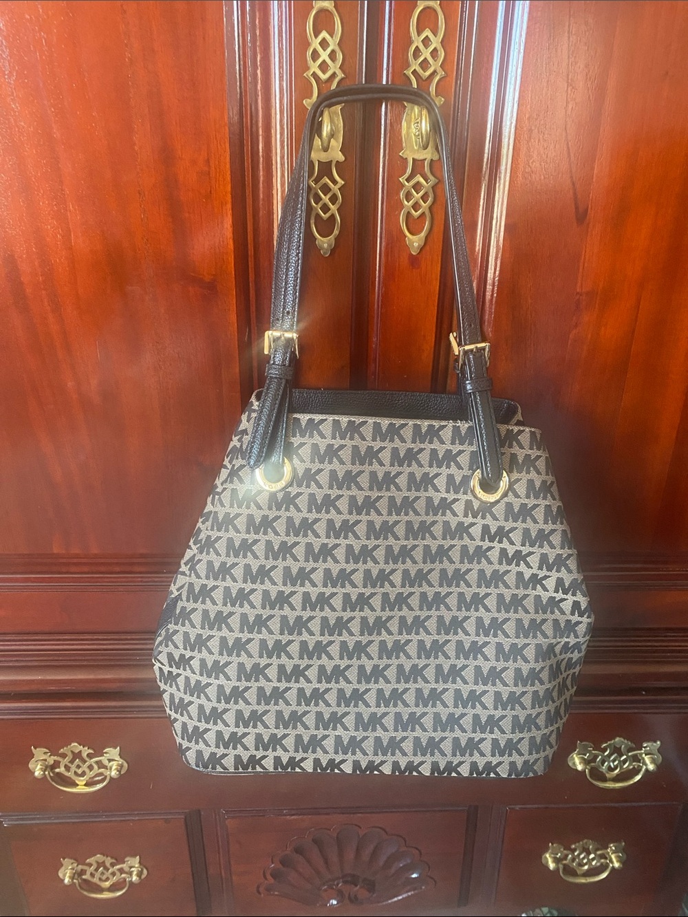 Michael Kors Brown and Beige MK Logo Shoulder Bag with Gold Hardware